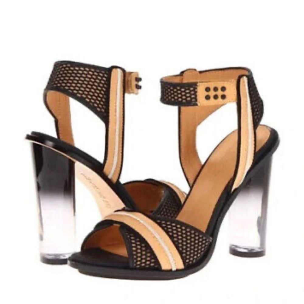 L.A.M.B. Carter Sandals Lucite Clear Heels Sand/ Black Leather